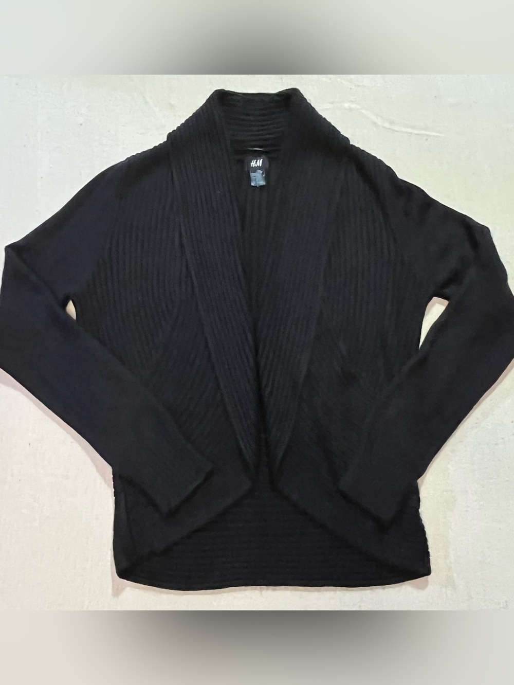 H&M Open Front Shawl Collar Bolero Style Black Cardigan, Rib Knit, Sz S